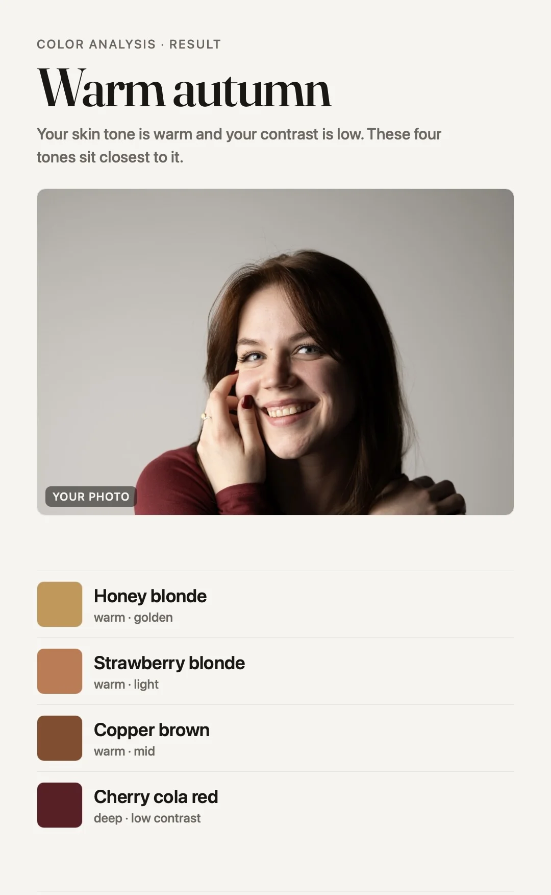 Color Analysis result: Warm Autumn palette with four matching tones