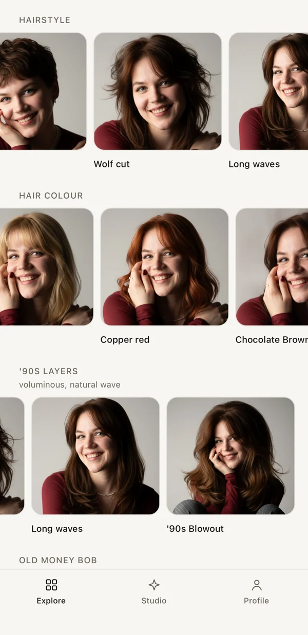 Explore screen: browse hairstyle and hair color catalog